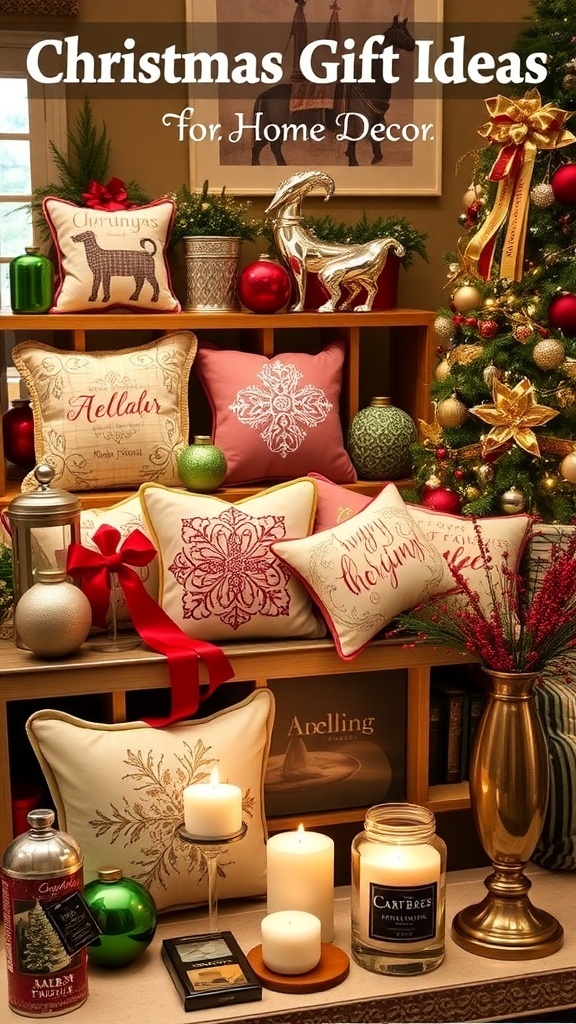 A festive arrangement of Christmas gift ideas for home decor in a cozy living room.